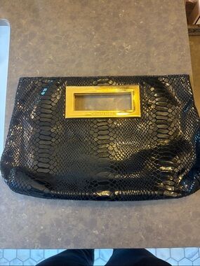 Michael Kors Black Snake-Embossed Clutch with Gold Frame